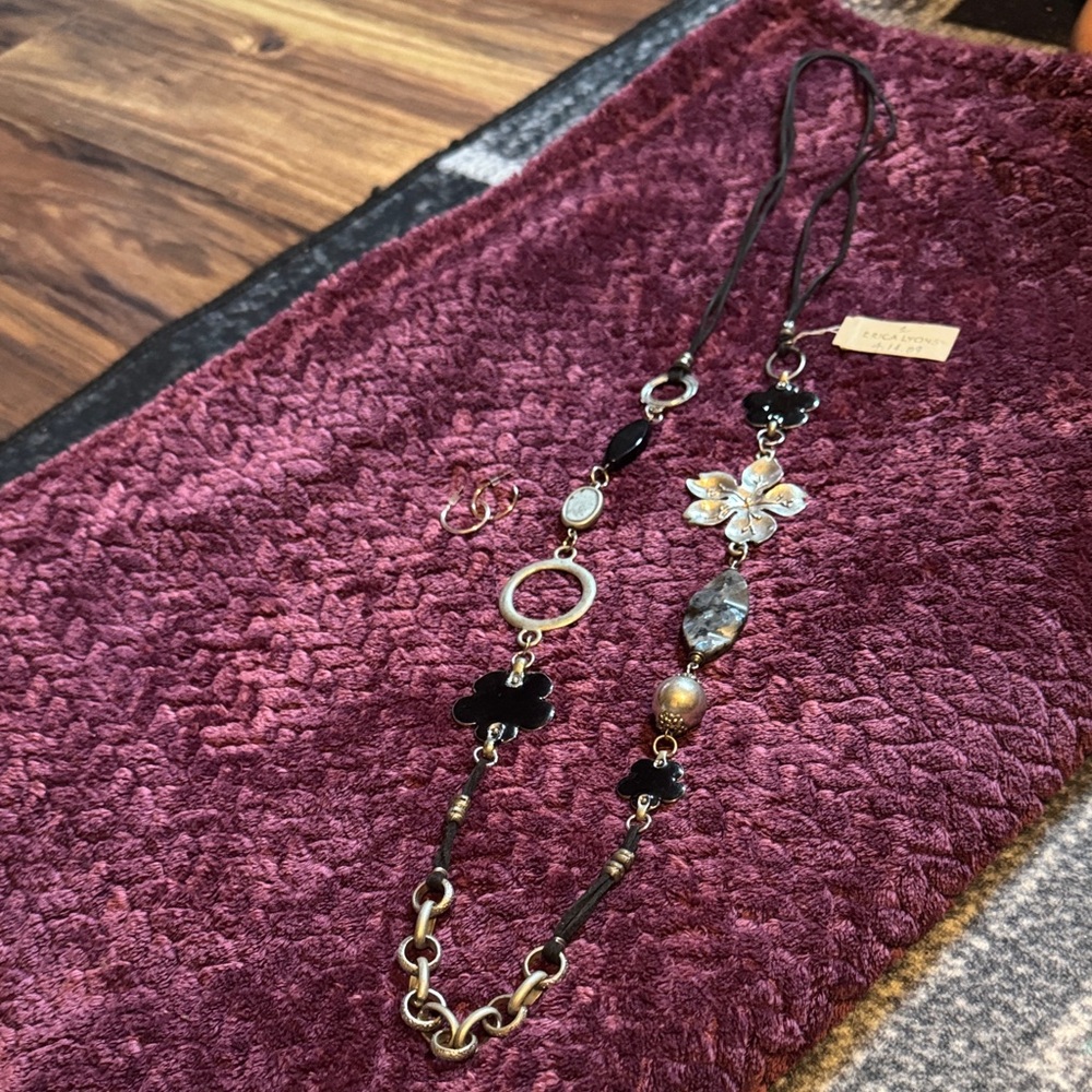 Erica Lyons Black and Silver Floral Necklace 21” long leather string